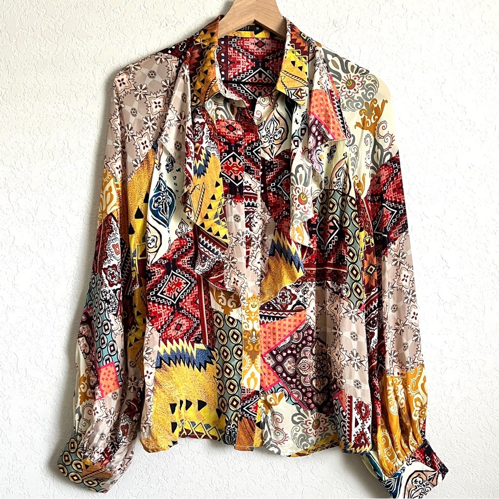 MOTF Bohemian Patchwork Print Button-Up Blouse Ruffled Front M
